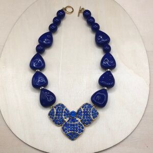 Vintage artisan statement style blue stone bead, crystal pendant necklace.
